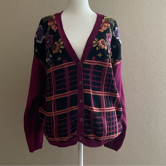 Vintage That's Me! Embroidery Flowers Sweater Cardigan L - Picture 6 of 16